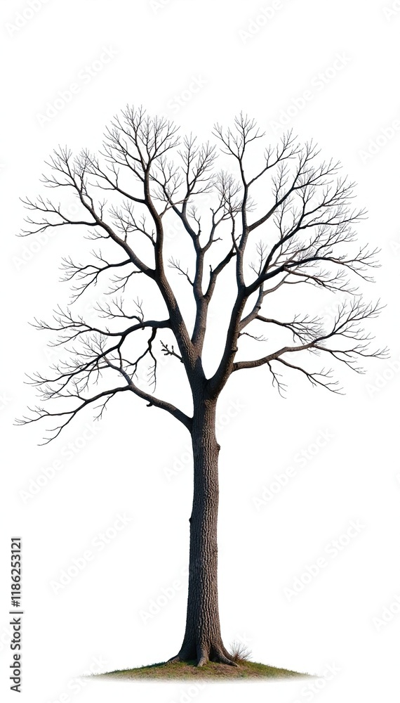 Obraz premium Tree with empty branches and grayish-brown bark, white background, tree details