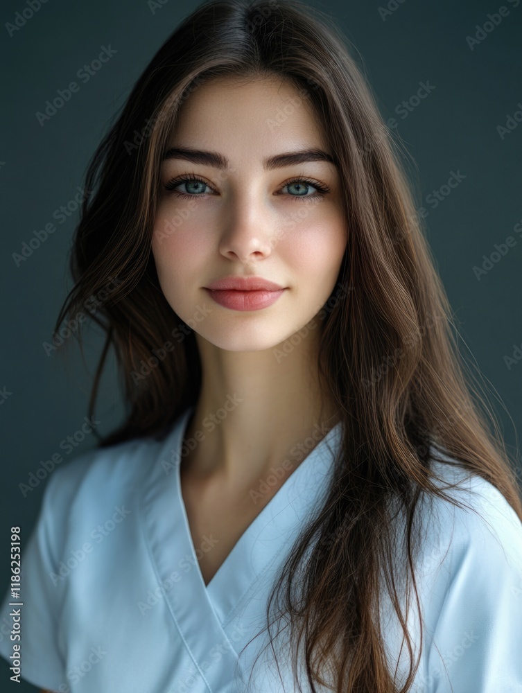 Portrait of a young female nurse with long dark hair in a white uniform against a softly blurred teal background, offering ample copyspace for healthcare text. Portrait of a young female nurse with long dark hair in a white uniform against a softly blurred teal background, offering ample copyspace for healthcare text.