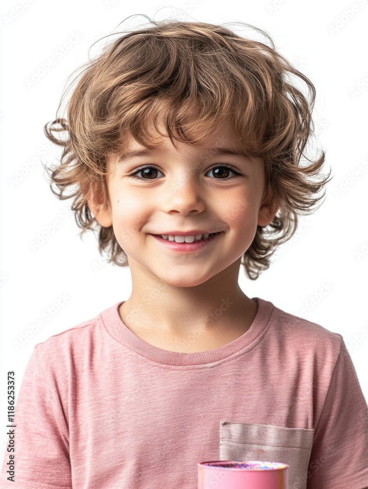 Adorable young boy with curly hair smiling while holding paint can, bright white background, ample negative space for text, natural light portraiture, playful atmosphere. Adorable young boy with curly hair smiling while holding paint can, bright white background, ample negative space for text, natural light portraiture, playful atmosphere.