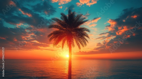 Beautiful sunset with a palm tree silhouette overlooking a coastal city in th...