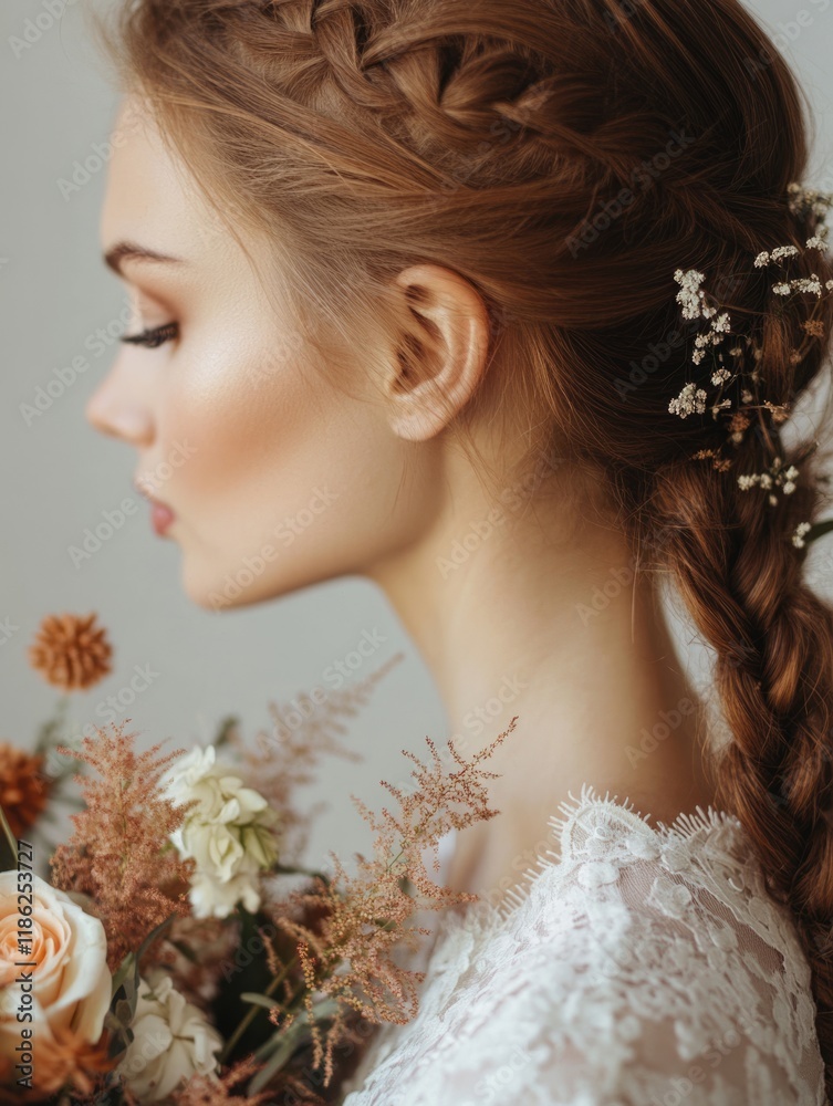 Profile portrait of a bride with braided hair adorned with flowers holding a rustic bouquet featuring warm tones against a soft neutral background with ample copyspace. Profile portrait of a bride with braided hair adorned with flowers holding a rustic bouquet featuring warm tones against a soft neutral background with ample copyspace.