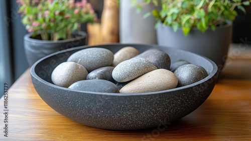 Smooth stones resting in a round black bowl on a wooden table with plants in ...