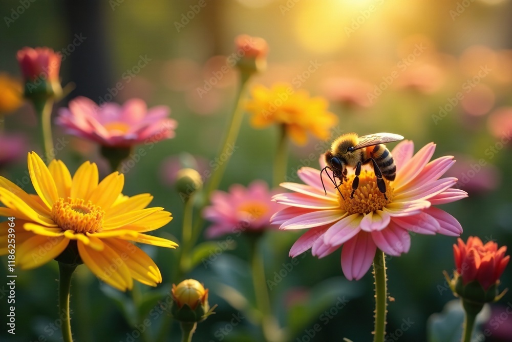 Golden light falls on a bee amidst colorful flowers, insects, bloom Golden light falls on a bee amidst colorful flowers, insects, bloom