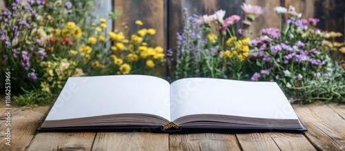 Open photo book surrounded by vibrant wildflowers in a rustic wooden setting featuring ample copy space for text. Soft focus, natural light ambiance. photo