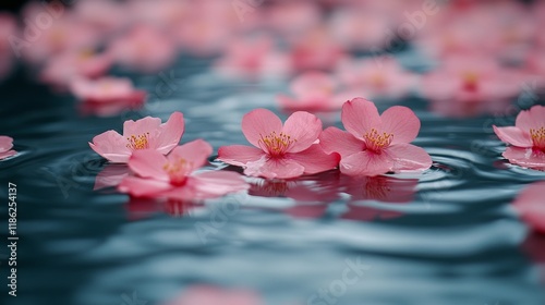 Flowers floating on the surface of a tranquil water pool at sunset in a peace...