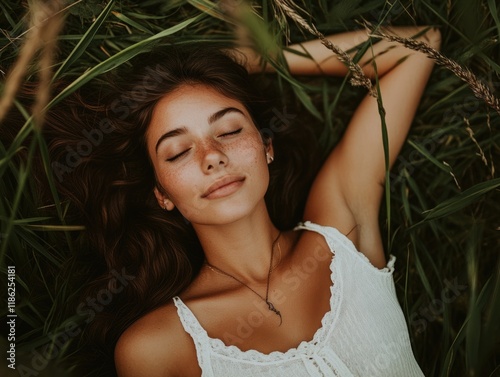 serene woman lying in lush green grass with closed eyes and peaceful expression in soft natural light with ample blank space for text photo