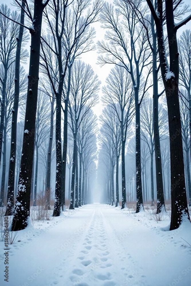 Snow-covered forest with bare trees and snowflakes, white, bare, skeletal Snow-covered forest with bare trees and snowflakes, white, bare, skeletal