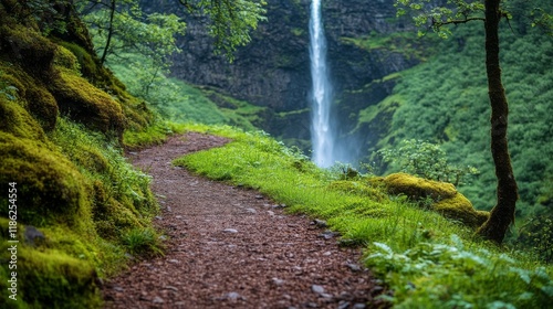Scenic pathway leading to a majestic waterfall in a lush green forest setting