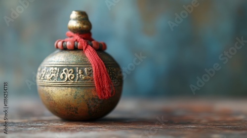 Unique bronze bell with red braided string on textured surface for artistic d...