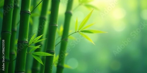 Dewy bamboo stalks swaying gently in misty air, mist, dew