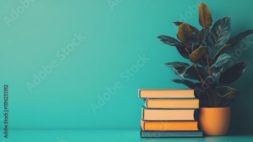 Colorful stacked books with a small plant on top against a teal background