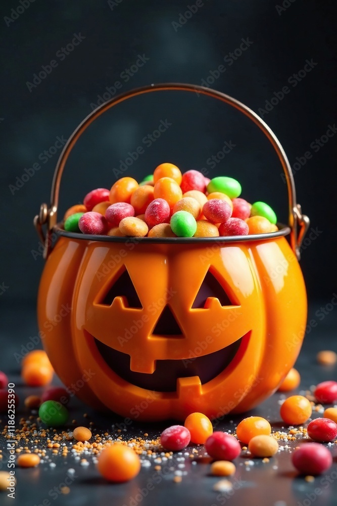 Naklejka premium Large pumpkin bucket full of candy and glitter, candy, overflowing
