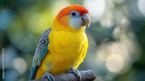 Vibrant parrot perched on branch against a backdrop of golden autumn leaves i...