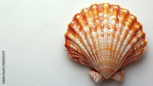 White scallop shell on a smooth gray background showcasing its intricate text...
