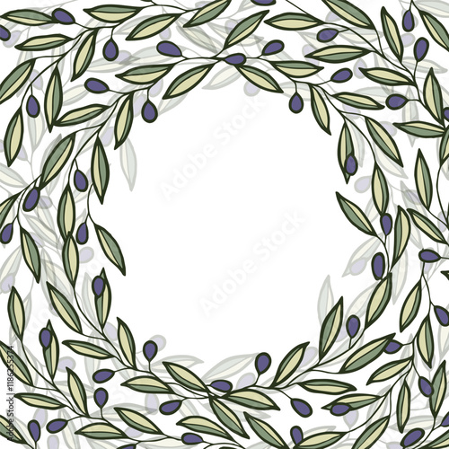 Vector background with olive tree decoration. Vegan food illustration