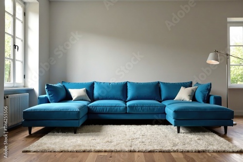 Blu sedie in angolo con pavimento in legno chiaro, #Sofa, #ModernHome, #LivingRoomDecor photo