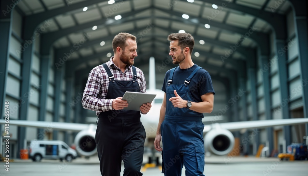 Two flight engineers walk, discuss in large aircraft hangar. Use tablet. Setting indoor hangar aircraft maintenance happens. Collaboration, communication key parts of teamwork. Image shows moment of Two flight engineers walk, discuss in large aircraft hangar. Use tablet. Setting indoor hangar aircraft maintenance happens. Collaboration, communication key parts of teamwork. Image shows moment of