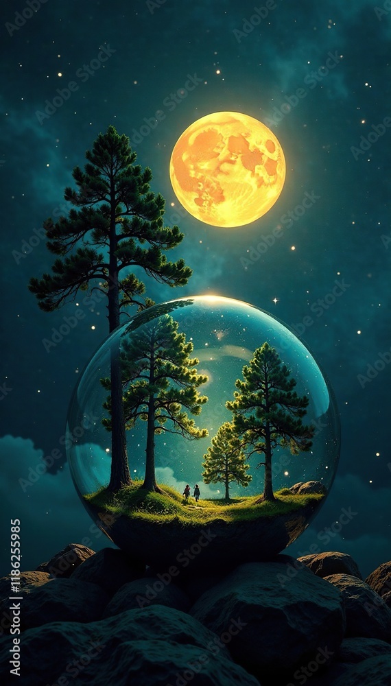 Naklejka premium Towering trees and a glowing moon illuminate a forest inside a glass globe, trees, isolation, solitude