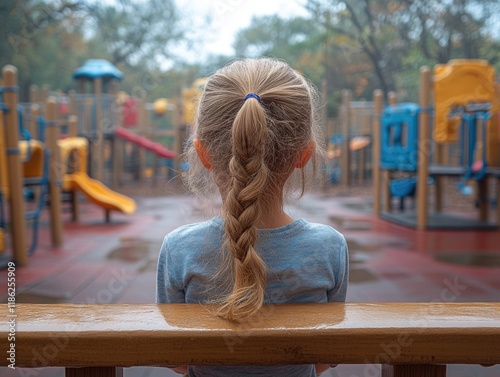Little girl with blonde braided hair seated on wooden bench at playground with slides and swings in background, soft focus, muted colors, copyspace for text.