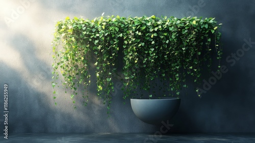 Green ivy plant cascading down a modern planter against a textured gray wall