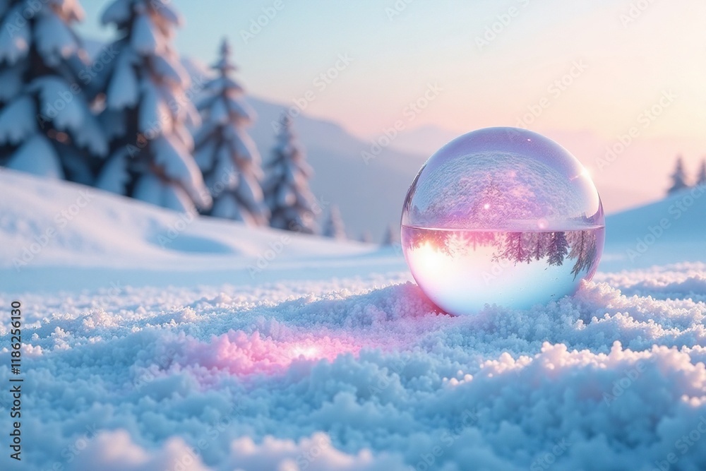 Snowy landscape with frozen bubble of pastel pink and blue, snow, winter, frozen Snowy landscape with frozen bubble of pastel pink and blue, snow, winter, frozen
