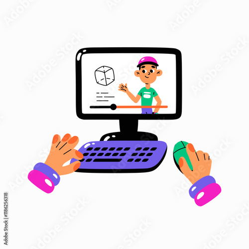 Male instructor explaining a concept on a monitor with hands typing on a keyboard and mouse, symbolizing online education, remote learning, and digital instruction, flat vector, isolated.