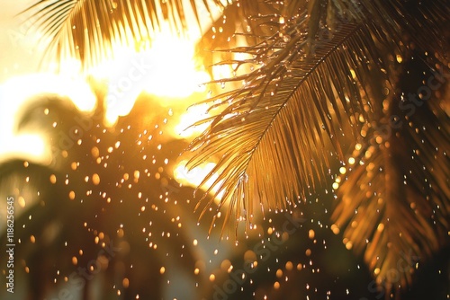 Sunlight filtering through palm leaves with water droplets enhancing the gold...
