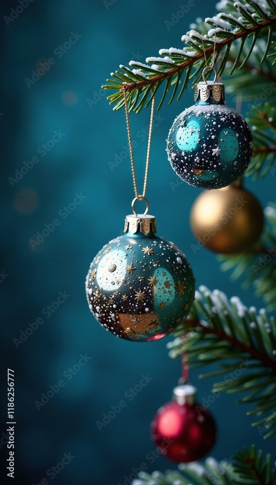 Glass ornaments hanging from a sturdy branch on a fir tree against a deep blue Christmas background, glass ornaments, frosty atmosphere, evergreen tree Glass ornaments hanging from a sturdy branch on a fir tree against a deep blue Christmas background, glass ornaments, frosty atmosphere, evergreen tree