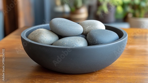 Smooth stones resting in a round black bowl on a wooden table with plants in ...