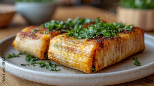 Delicious homemade rice cake wrapped in bamboo leaves on a rustic plate in a ...