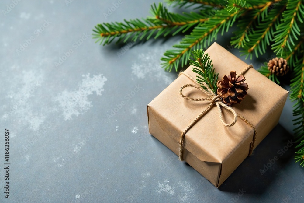 kraft paper wrapped gift box with pine branches and pinecones on gray background, pine branches, twine kraft paper wrapped gift box with pine branches and pinecones on gray background, pine branches, twine