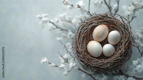 Nest with speckled eggs surrounded by soft cotton blossoms in a gentle spring...