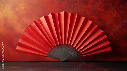 Vibrant red folding fan displayed against a deep red background