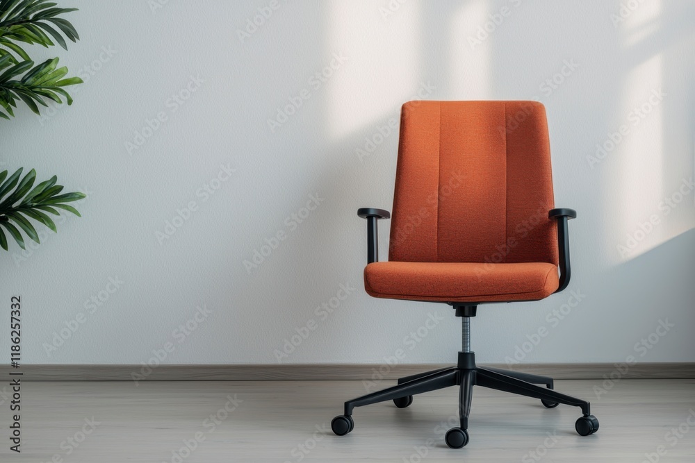 Stylish Minimalist Office Chair Design Featuring an Iconic Orange Upholstery in a Bright Space with Subtle Natural Light and Greenery Stylish Minimalist Office Chair Design Featuring an Iconic Orange Upholstery in a Bright Space with Subtle Natural Light and Greenery