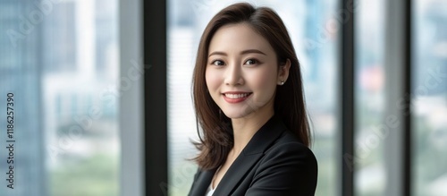 Free Download Smiling businesswoman in professional attire, modern workplace with glass windows, natural light, confident pose, corporate environment, office background. - GFXLoad