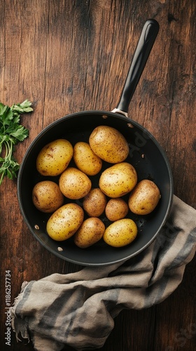 Delicious potato dish garnished with herbs served in a black skillet on a woo...