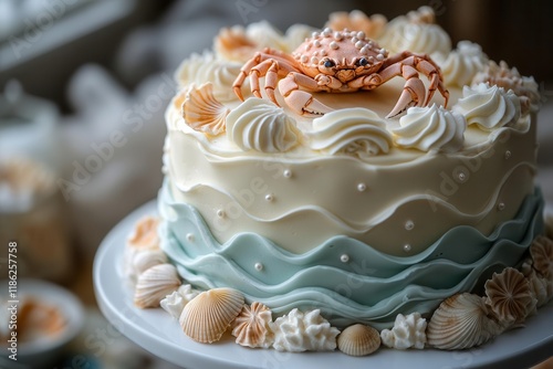 whimsical oceanthemed birthday cake decorated with handcrafted sugar crab seashells and pearlescent blue buttercream waves on white stand photo