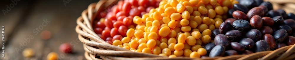 Colorful arrangement of dried beans and lentils in a woven basket, beans, lentils Colorful arrangement of dried beans and lentils in a woven basket, beans, lentils