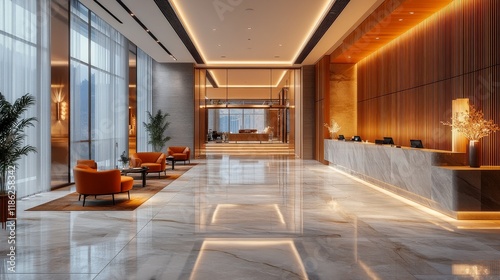 Modern hotel lobby featuring marble flooring and stylish seating in warm ligh...