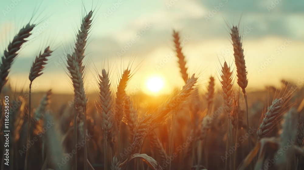 Serene sunset over golden wheat field with mature agronomist examining plants on tablet showcasing organic farming practices and nature's beauty Serene sunset over golden wheat field with mature agronomist examining plants on tablet showcasing organic farming practices and nature's beauty