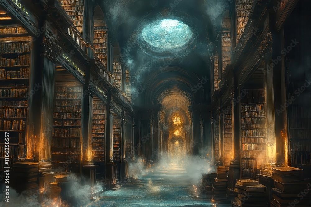 Fototapeta premium ancient library interior with towering oak bookshelves, mysterious glowing manuscripts, floating dust particles, and hidden magical secrets, fantasy illustration