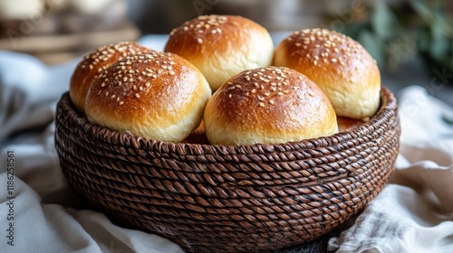 Freshly baked sesame rolls in a woven basket on a rustic table with soft linen