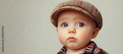 Adorable baby wearing a stylish cap with large expressive eyes and neutral background perfect for text placement, captured in soft natural lighting.