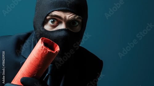 Criminal businessman in balaclava holding red dynamite stick against dark blue background with large empty space for text, dramatic portrait shot. photo