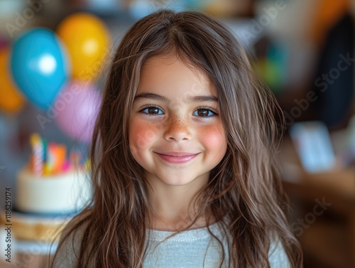 Wallpaper Mural Joyful Latin girl with long brunette hair smiling brightly in front of colorful birthday cake, balloons in soft-focus background, ample copyspace for text, warm tones, playful atmosphere. Torontodigital.ca