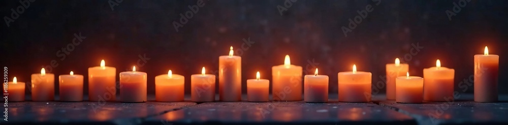 Candles in a flickering row against a somber backdrop, memorial, peaceful Candles in a flickering row against a somber backdrop, memorial, peaceful
