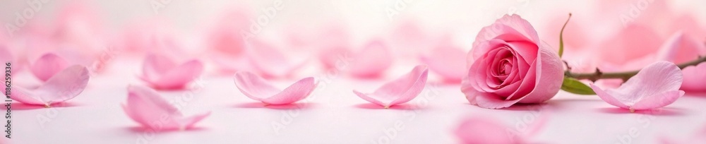 Delicate pink rose petals scattered on a soft white backdrop, flower, focus, delicate Delicate pink rose petals scattered on a soft white backdrop, flower, focus, delicate