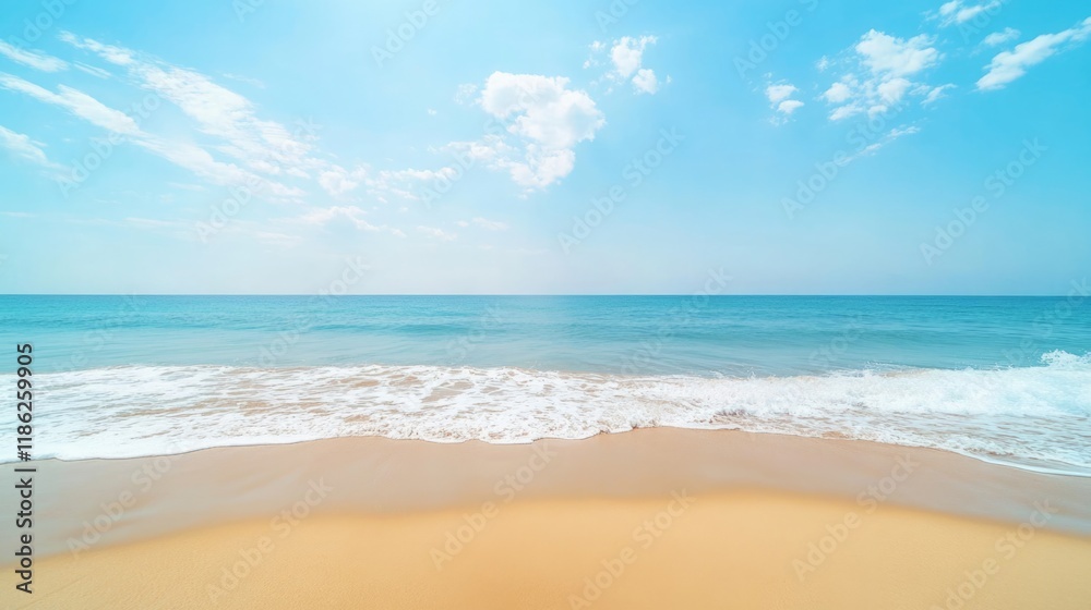 Beach Summer Celebration with Clear Blue Sky and Calm Ocean Waves, Soft Sandy Shore with Expansive Copy Space for Text, Warm Light, Horizontal Perspective Beach Summer Celebration with Clear Blue Sky and Calm Ocean Waves, Soft Sandy Shore with Expansive Copy Space for Text, Warm Light, Horizontal Perspective