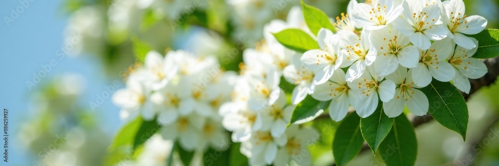 White flowers bloom in clusters at the top of a tree, clustered blossoms, tree canopy White flowers bloom in clusters at the top of a tree, clustered blossoms, tree canopy