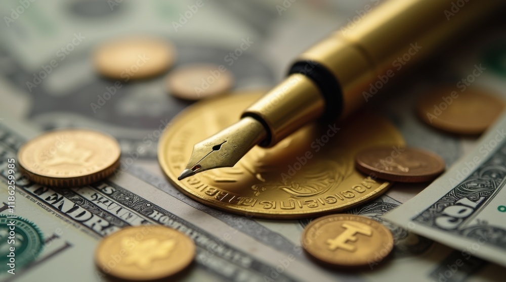 Golden Fountain Pen with Scattered Coins and Dollar Bills Golden Fountain Pen with Scattered Coins and Dollar Bills